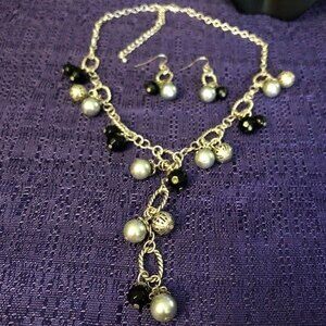 Necklace & Dangle Earrings Set Silver Black White